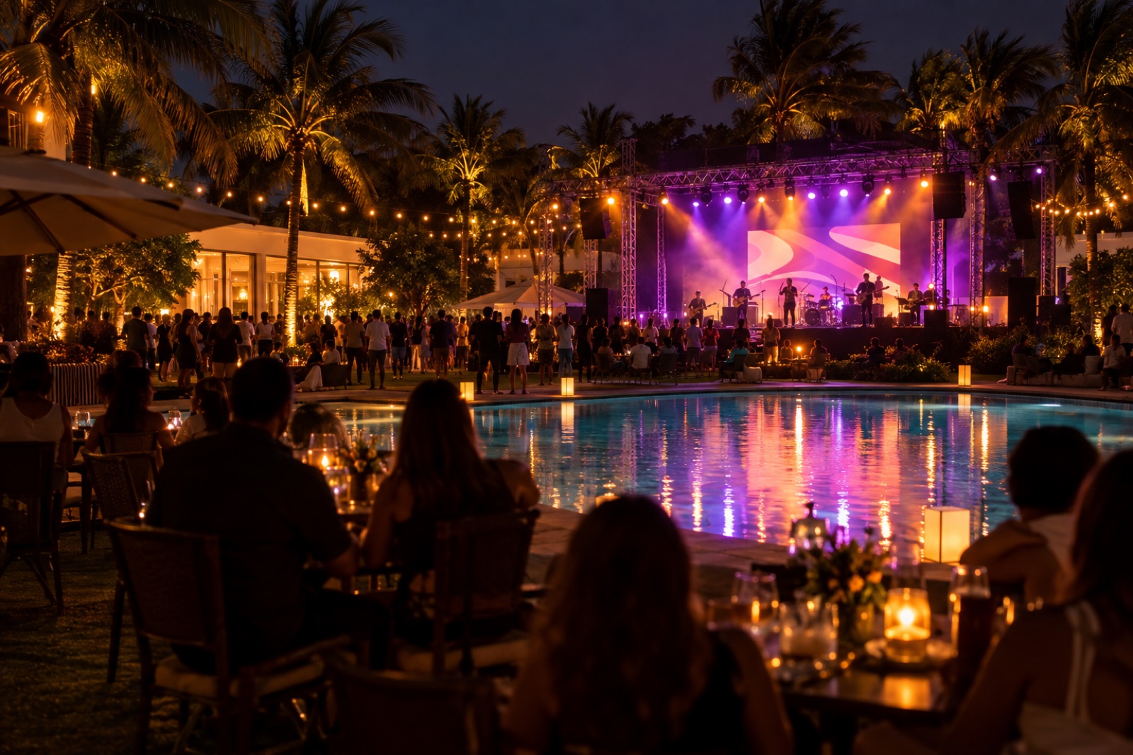 Show ao vivo em clube, à beira da piscina