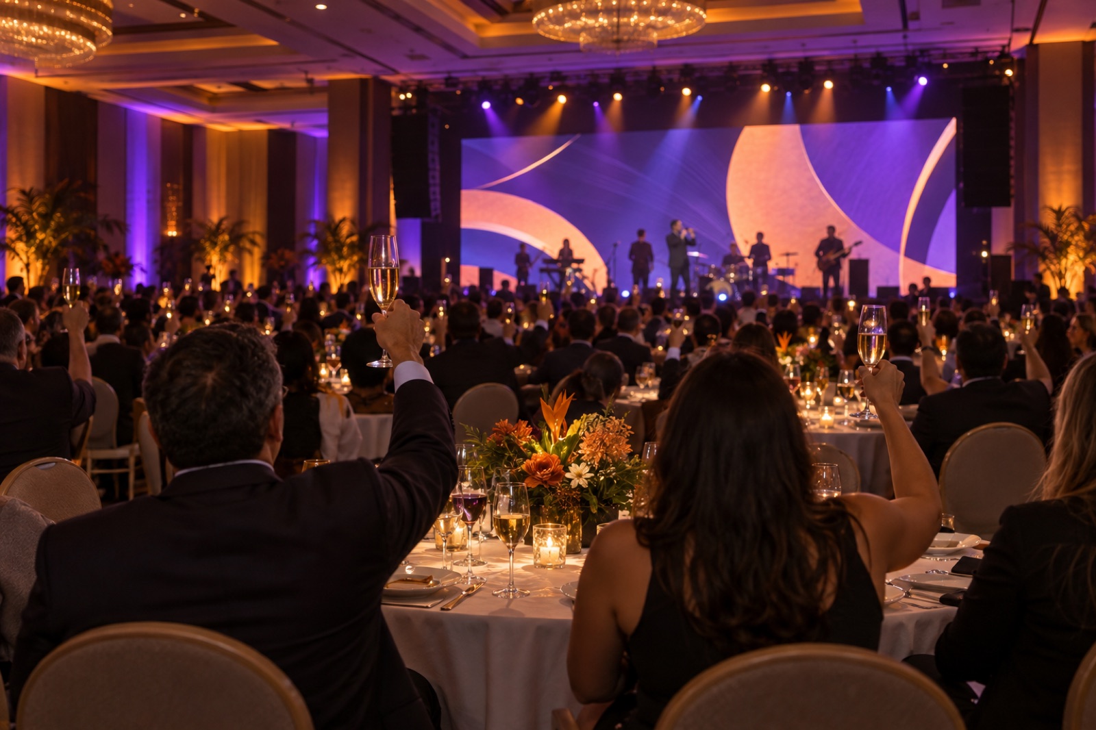 Convenção corporativa em salão de hotel com banda no palco